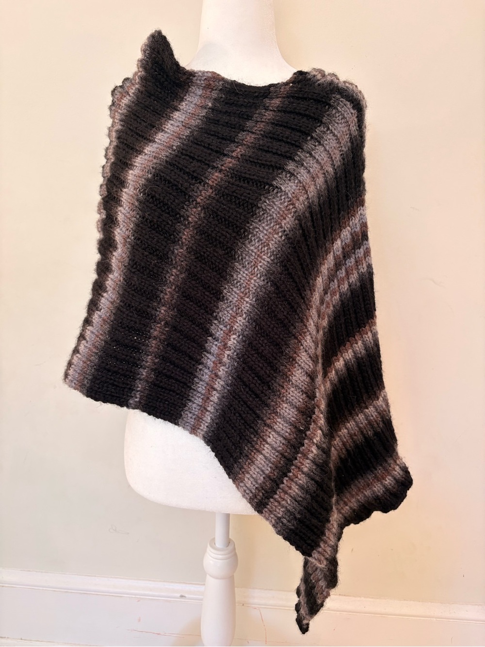 Wool Striped Hand Knit Poncho - Black, Brown & Gray - One Size